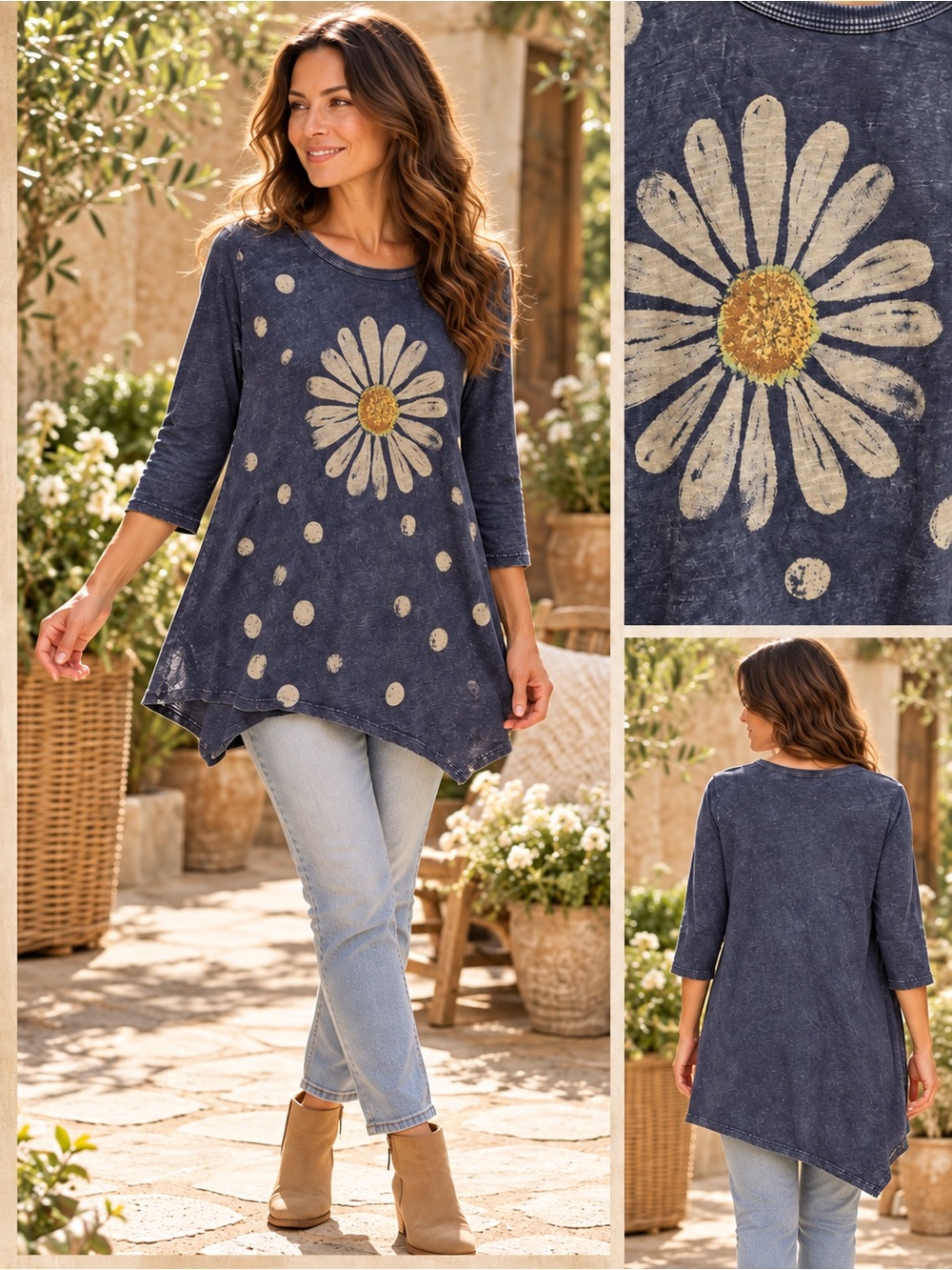 Jess & Jane Acid Washed Look Navy Daisy Graphic Tunic Top